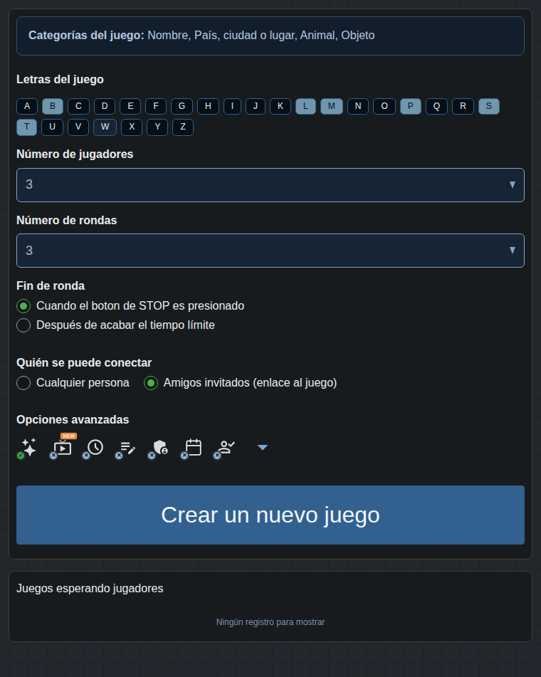 Formulario para crear una partida