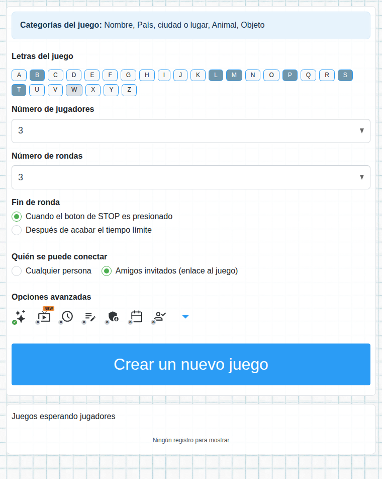 Formulario para crear una partida