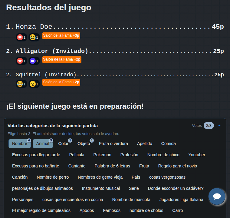 Resultados de la partida