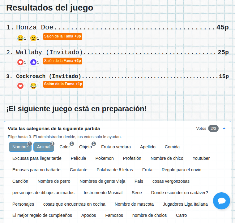 Resultados de la partida